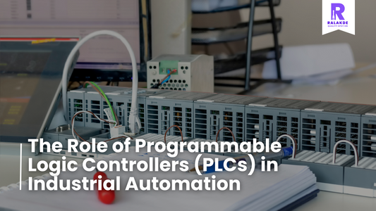 A close-up image of a PLC system with various components, including a rack of modules, cables, and a computer. The text "The Role of Programmable Logic Controllers (PLCs) in Industrial Automation" is overlaid on the image.