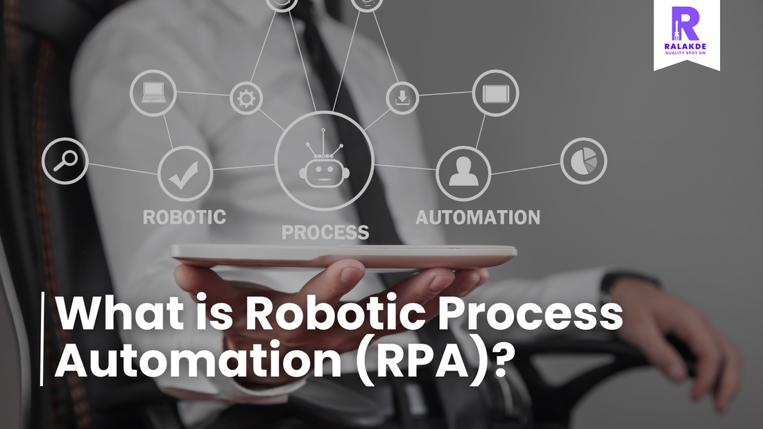 Image with the text 'What is Robotic Process Automation (RPA)?' and a person holding a tablet with RPA-related icons.