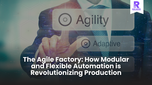 A person in a suit interacts with holographic interfaces displaying "Agility" and "Adaptive," highlighting Ralakde Automation's flexible solutions.