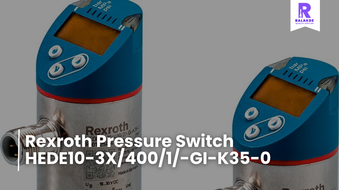 Two Rexroth Pressure Switches, model HEDE10-3X/400/1/-GI-K35-0, are displayed on a gray background. The switches are blue and silver with a digital display and buttons.