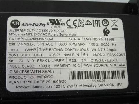 ALLEN BRADLEY MPL-A320H-HK72AA