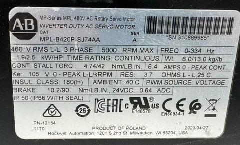 ALLEN BRADLEY MPL-B420P-SJ74AA